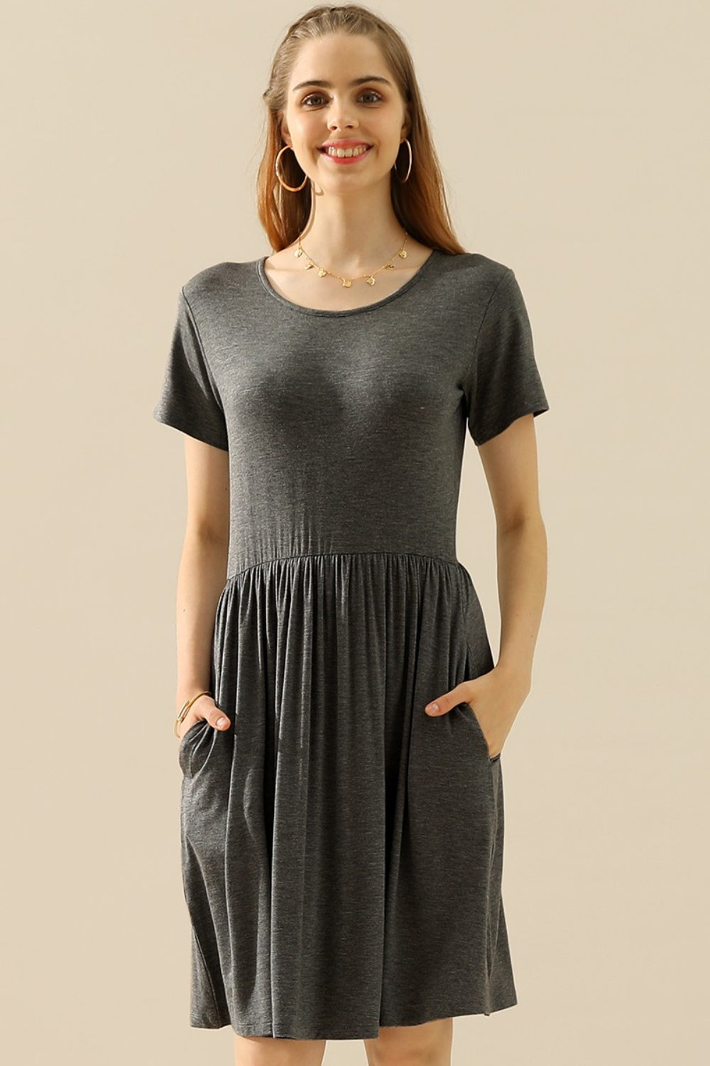 Ninexis Full Size Round Neck Ruched Dress with Pockets - H CHARCOAL / S - DRESSES - Mixed