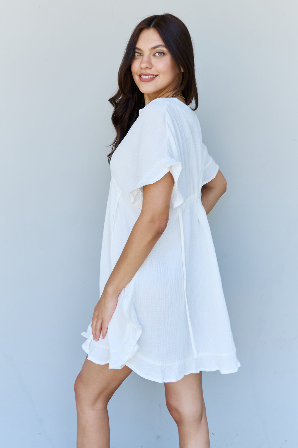 Ninexis Out Of Time Full Size Ruffle Hem Dress with Drawstring Waistband in White - DRESSES - White
