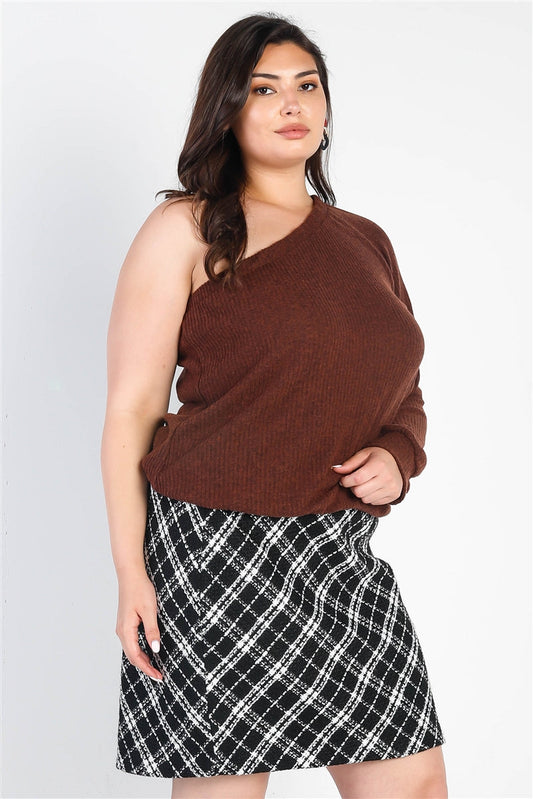 Plus Brown Ribbed Textured One Shoulder Top Smile Sparker