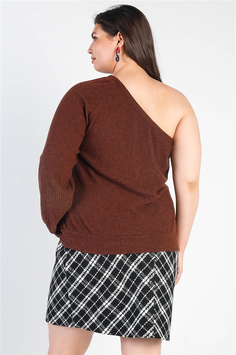 Plus Brown Ribbed Textured One Shoulder Top Smile Sparker