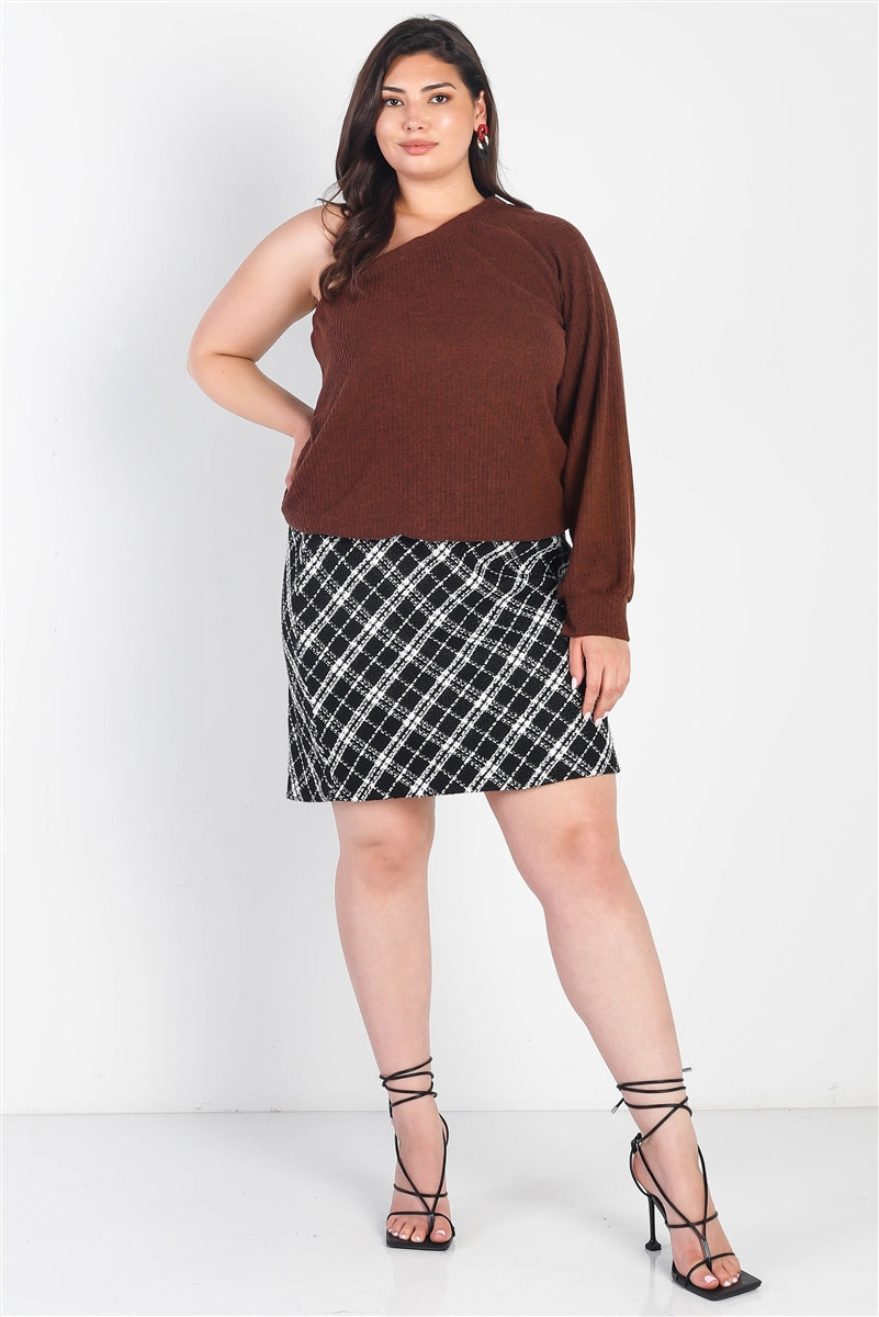 Plus Brown Ribbed Textured One Shoulder Top Smile Sparker