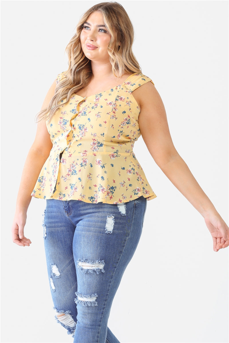 Plus Floral Button-up Sleeveless Flare Hem Top Smile Sparker