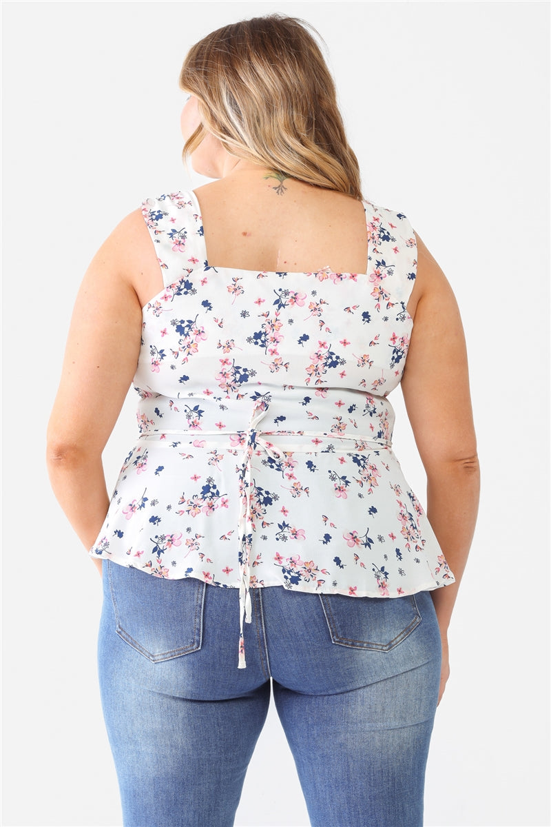 Plus Floral Button-up Sleeveless Flare Hem Top Smile Sparker