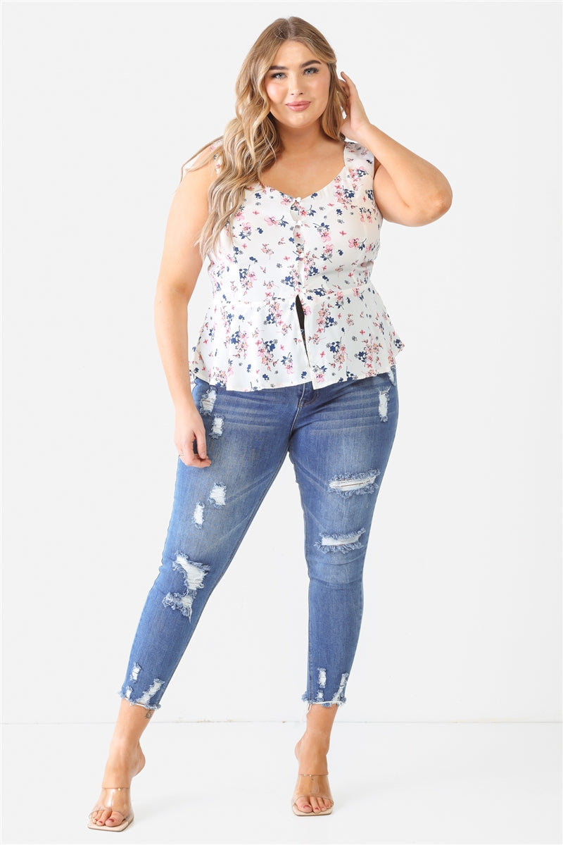 Plus Floral Button-up Sleeveless Flare Hem Top Smile Sparker