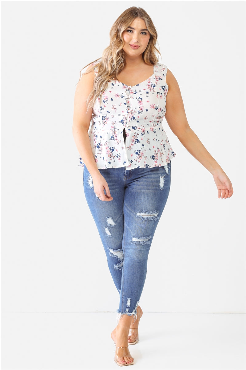 Plus Floral Button-up Sleeveless Flare Hem Top Smile Sparker