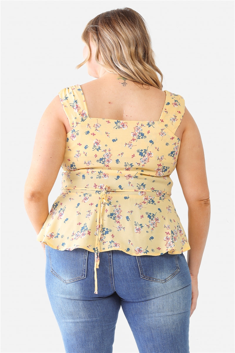 Plus Floral Button-up Sleeveless Flare Hem Top Smile Sparker