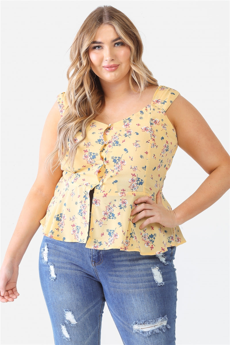 Plus Floral Button-up Sleeveless Flare Hem Top Smile Sparker