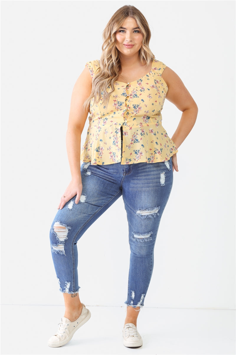 Plus Floral Button-up Sleeveless Flare Hem Top Smile Sparker
