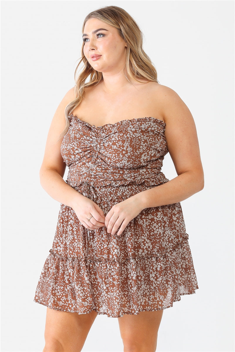 Plus Floral Print Ruched Ruffle Smocked Back Top & High Waist Flare Hem Mini Skirt Set Smile Sparker