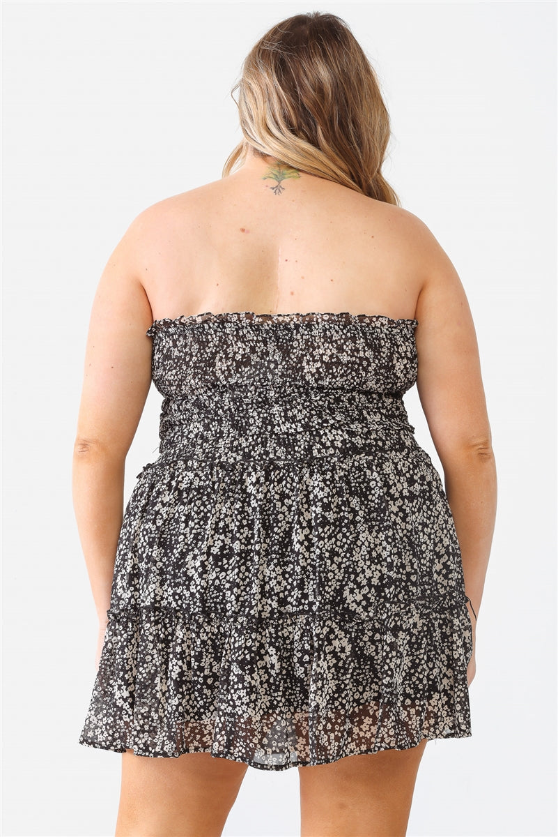 Plus Floral Print Ruched Ruffle Smocked Back Top & High Waist Flare Hem Mini Skirt Set Smile Sparker