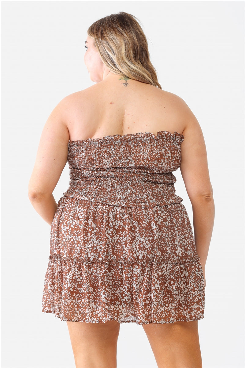 Plus Floral Print Ruched Ruffle Smocked Back Top & High Waist Flare Hem Mini Skirt Set Smile Sparker