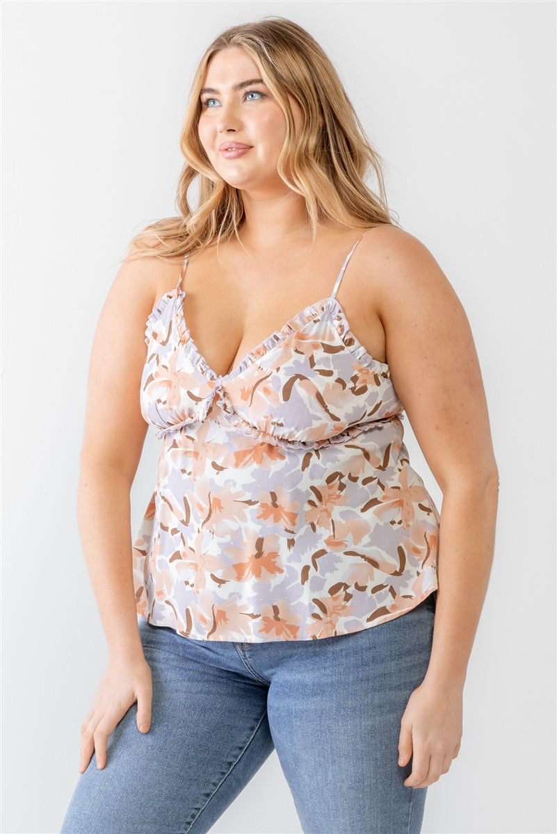 Plus Floral Print Woven Ruffle Sleeveless Back Zipper Tank Top Smile Sparker