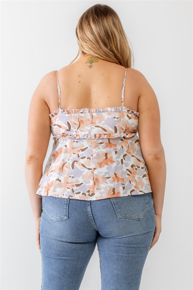 Plus Floral Print Woven Ruffle Sleeveless Back Zipper Tank Top Smile Sparker