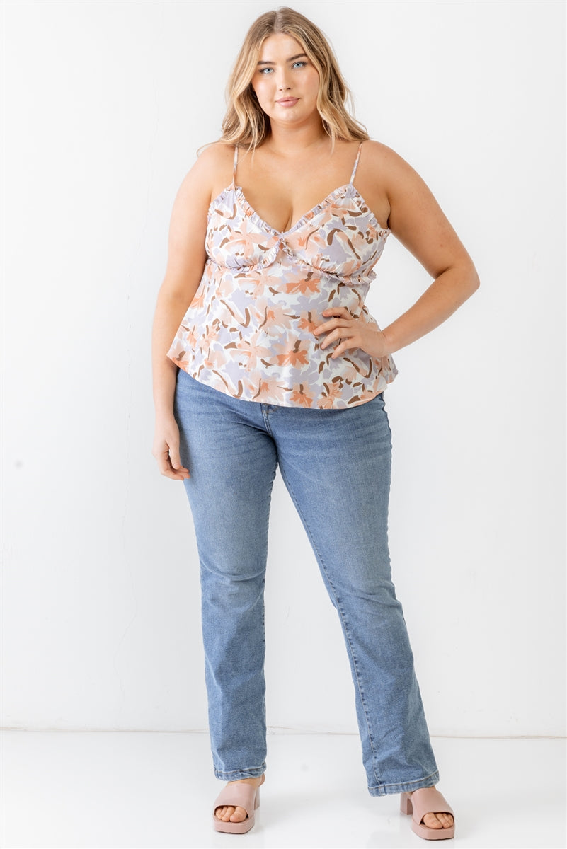 Plus Floral Print Woven Ruffle Sleeveless Back Zipper Tank Top Smile Sparker