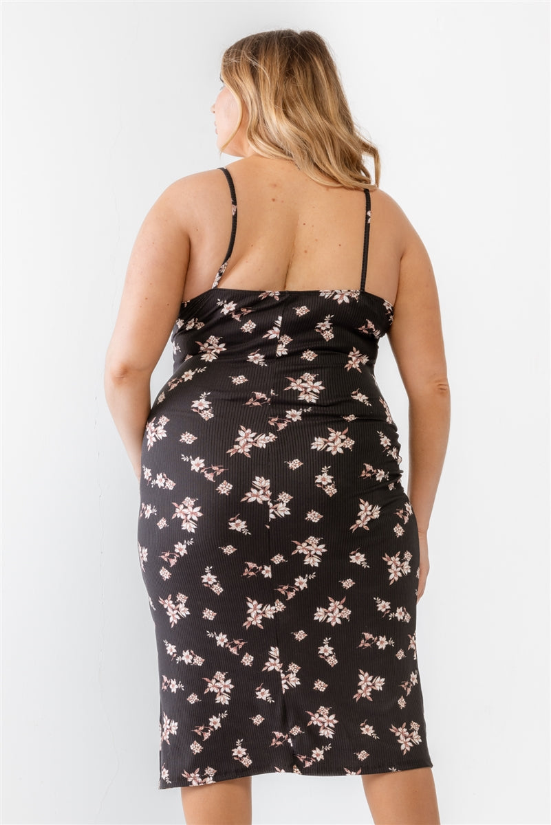 Plus Floral Ribbed Ruched Sleeveless Midi Dress Smile Sparker