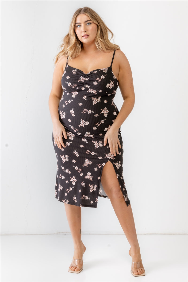 Plus Floral Ribbed Ruched Sleeveless Midi Dress Smile Sparker