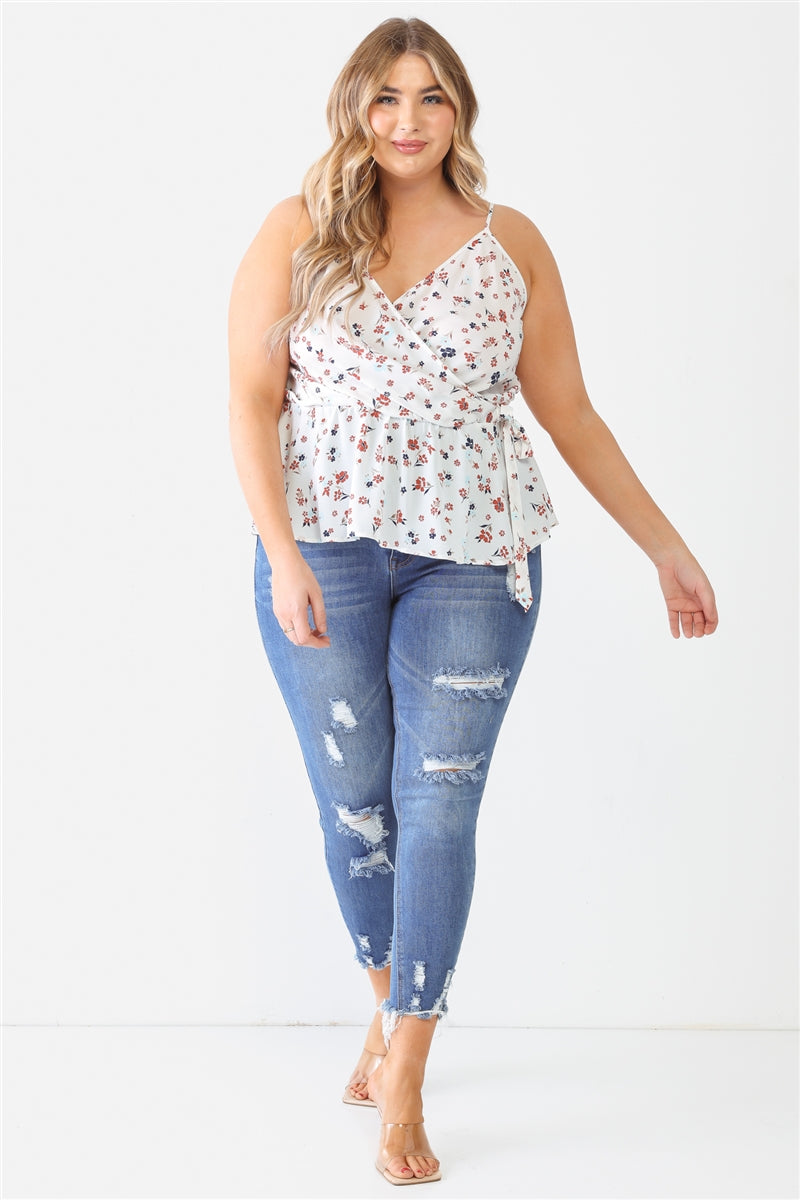 Plus Floral Sleeveless Wrap Neck Flare Hem Top Smile Sparker