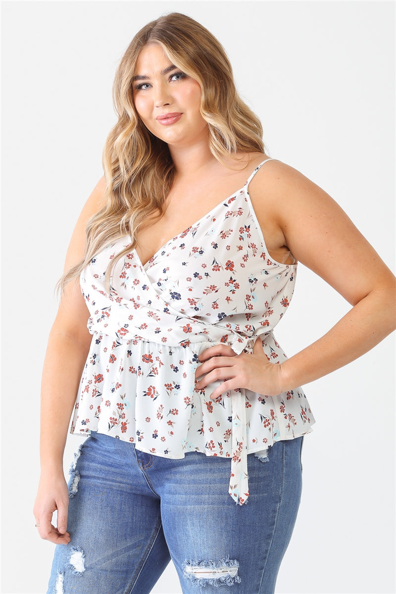 Plus Floral Sleeveless Wrap Neck Flare Hem Top Smile Sparker