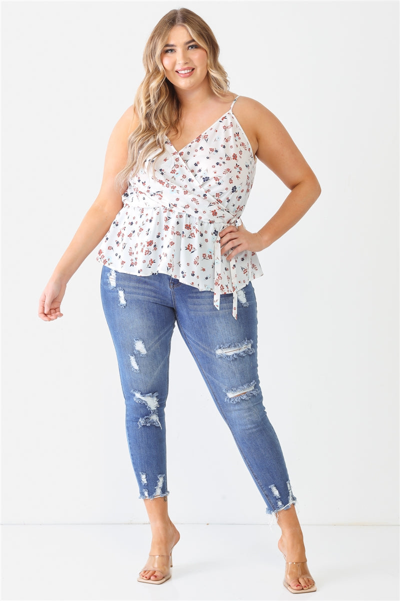 Plus Floral Sleeveless Wrap Neck Flare Hem Top Smile Sparker