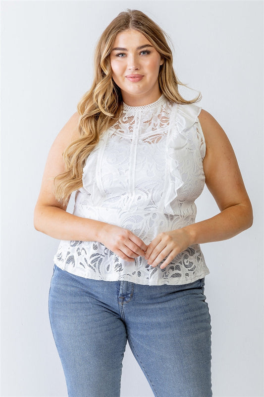 Plus Lace Mesh Ruffle Detail Sleeveless Flare Hem Top Smile Sparker