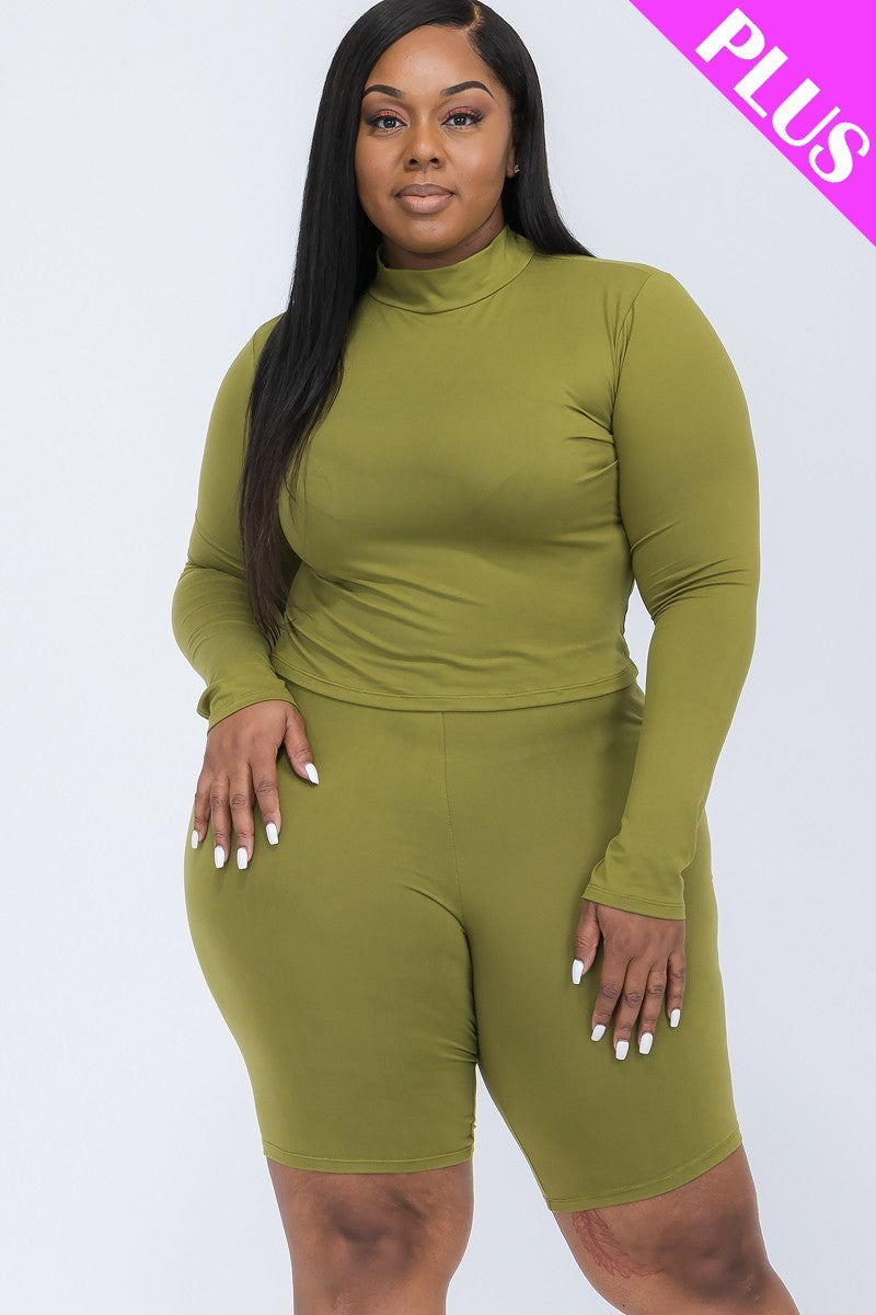 Plus Mock Neck Top & Biker Shorts Set Smile Sparker