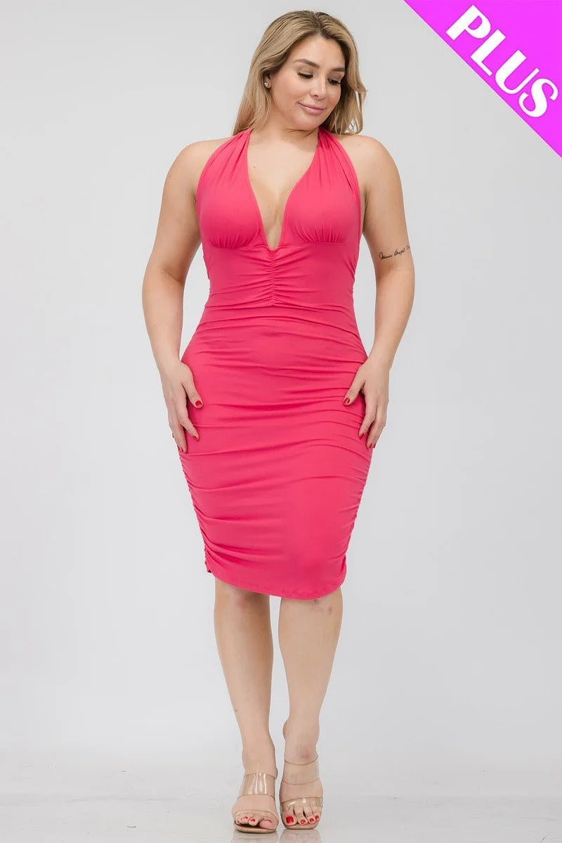 Plus Plunging Neck Crisscross Back Ruched Bodycon Mini Dress Smile Sparker