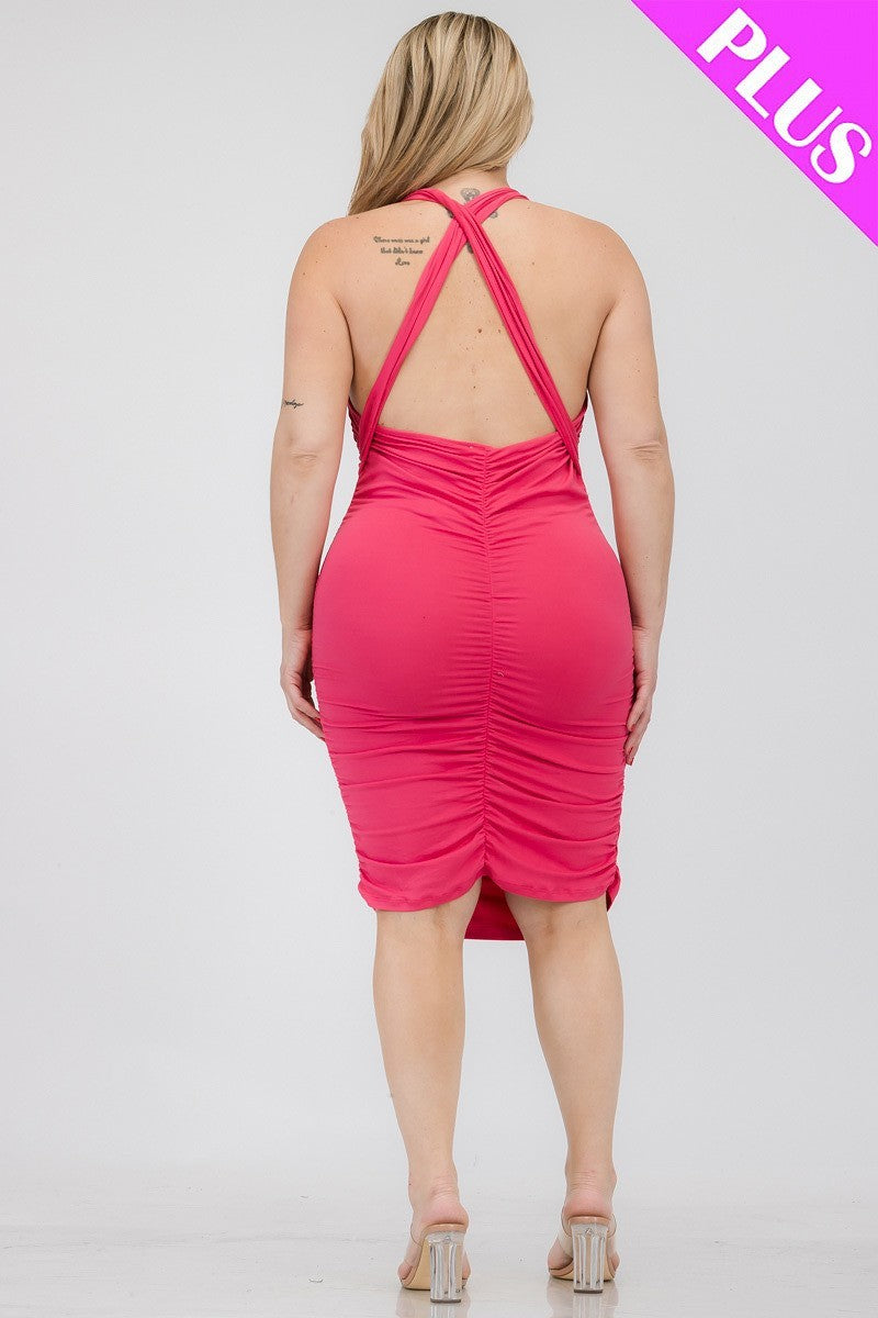 Plus Plunging Neck Crisscross Back Ruched Bodycon Mini Dress Smile Sparker