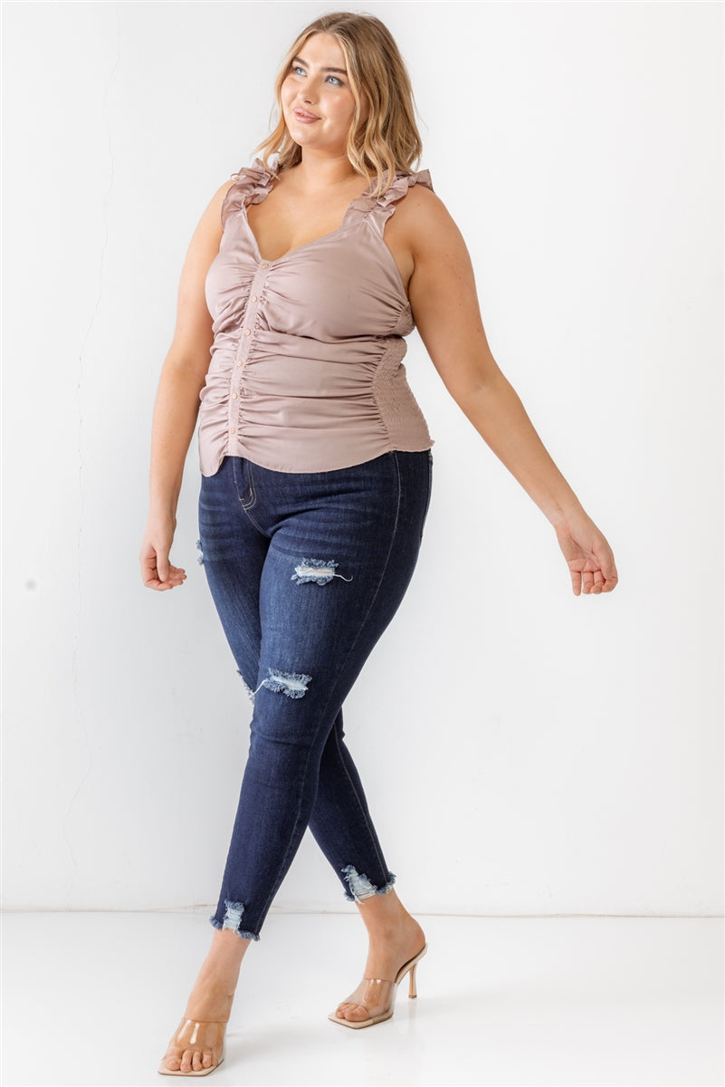 Plus Ruched Button-up Ruffle Strap Smocked Back Tank Top Smile Sparker