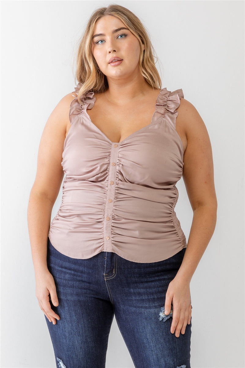 Plus Ruched Button-up Ruffle Strap Smocked Back Tank Top Smile Sparker