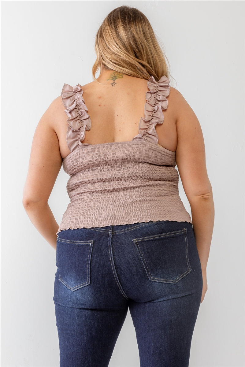 Plus Ruched Button-up Ruffle Strap Smocked Back Tank Top Smile Sparker