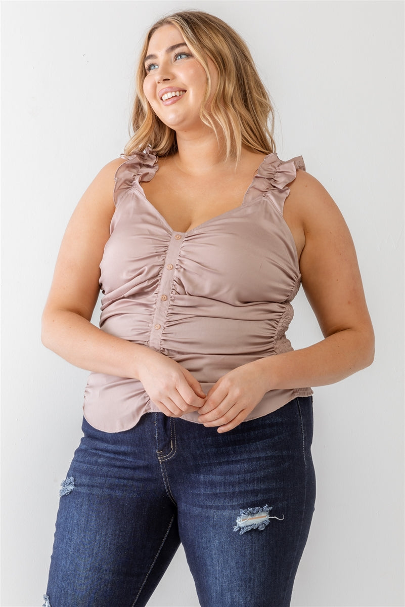 Plus Ruched Button-up Ruffle Strap Smocked Back Tank Top Smile Sparker