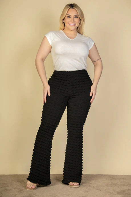 Plus Size Bubble Fabric Flare Pants - PLUS BOTTOMS - Black