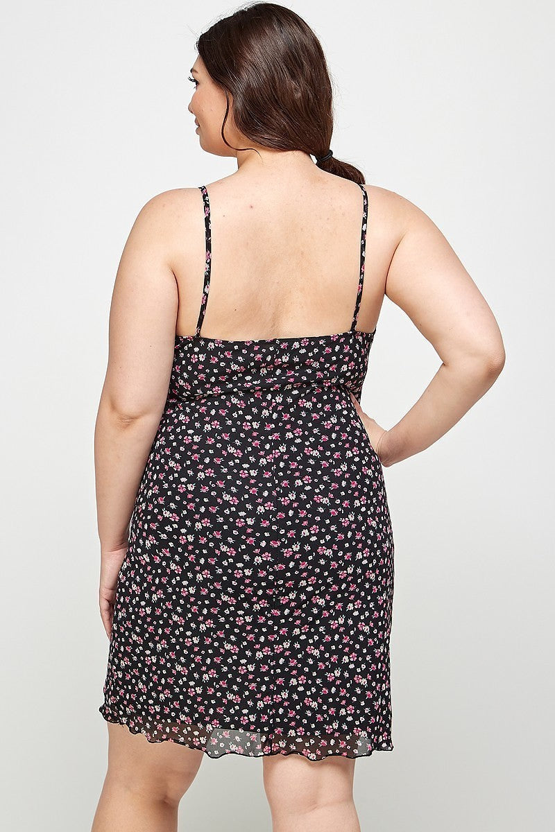 Plus Size Ditsy Floral Print On Mesh Fabric Cami Dress Smile Sparker