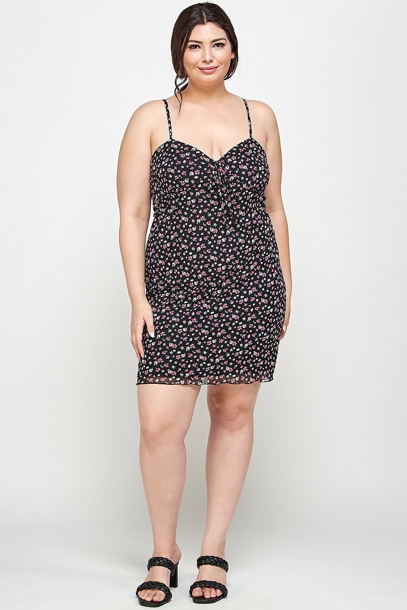 Plus Size Ditsy Floral Print On Mesh Fabric Cami Dress Smile Sparker