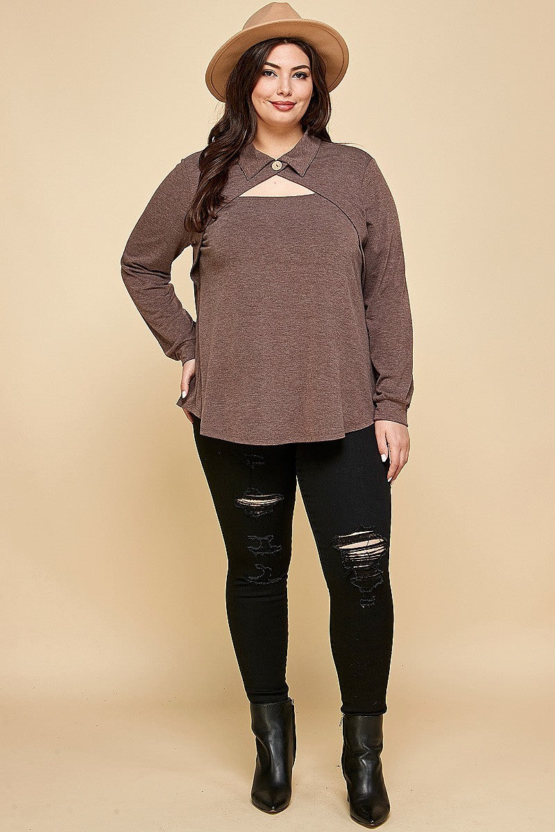 Plus Size Solid Long Sleeve Fashion Top Smile Sparker