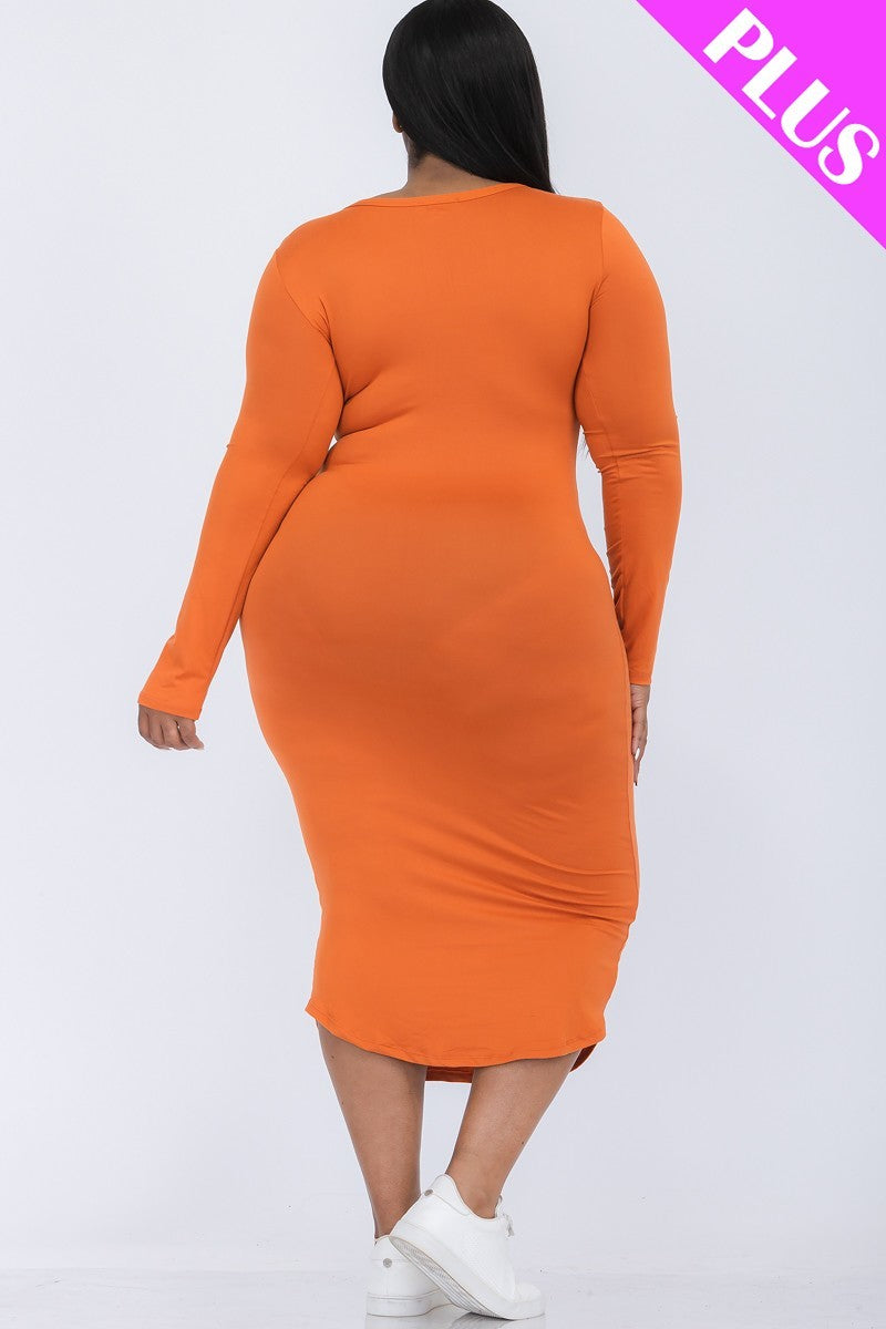 Plus Size Split Neck Long Sleeve Midi Dress Smile Sparker