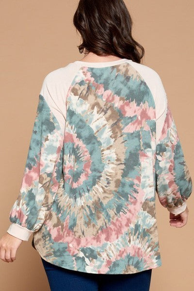 Plus Size Tie Dye French Terry Print Balloon Sleeve Top Smile Sparker
