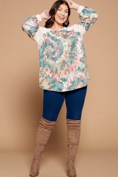Plus Size Tie Dye French Terry Print Balloon Sleeve Top Smile Sparker