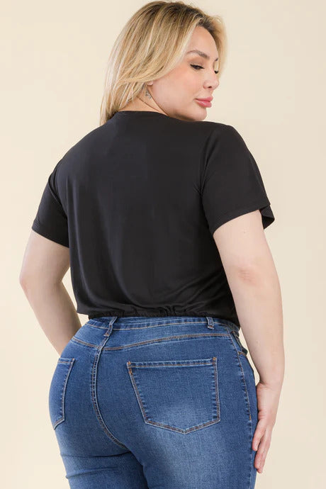 Plus Size Tie Front Drawstring Short Sleeve Crop Top Smile Sparker