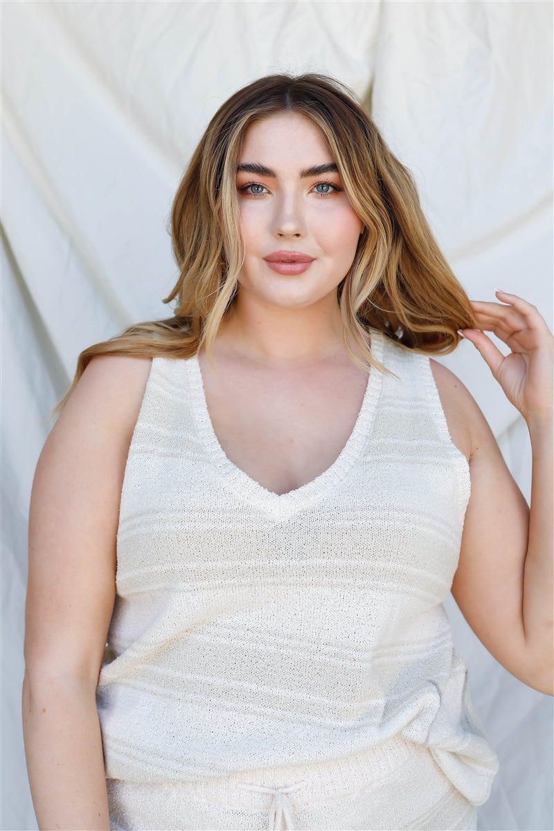 Plus Stripe Knit Sleeveless Top & Short Set Smile Sparker