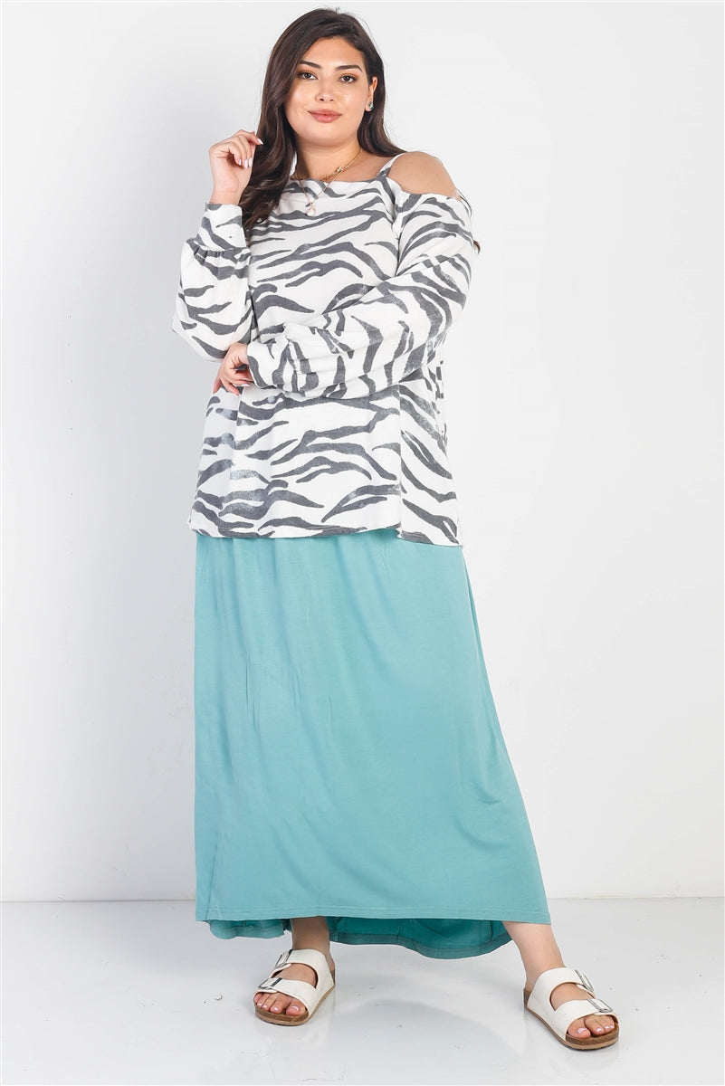 Plus White & Charcoal Zebra Flannel Cold Shoulder Long Sleeve Top Smile Sparker