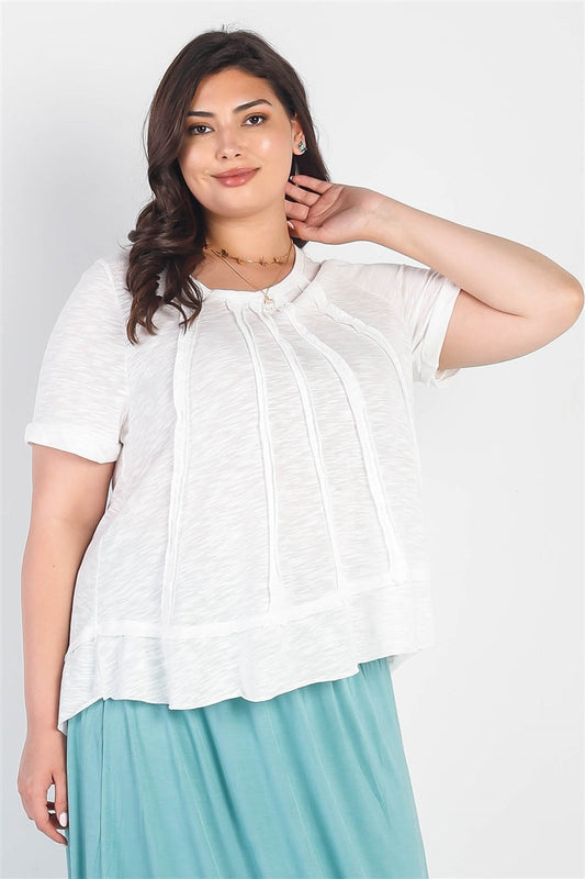 Plus White Trim Detail Round Neck Short Sleeve Top Smile Sparker
