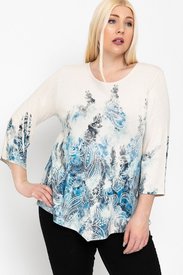 Print Top Featuring A Round Neckline And 3/4 Bell Sleeves Smile Sparker