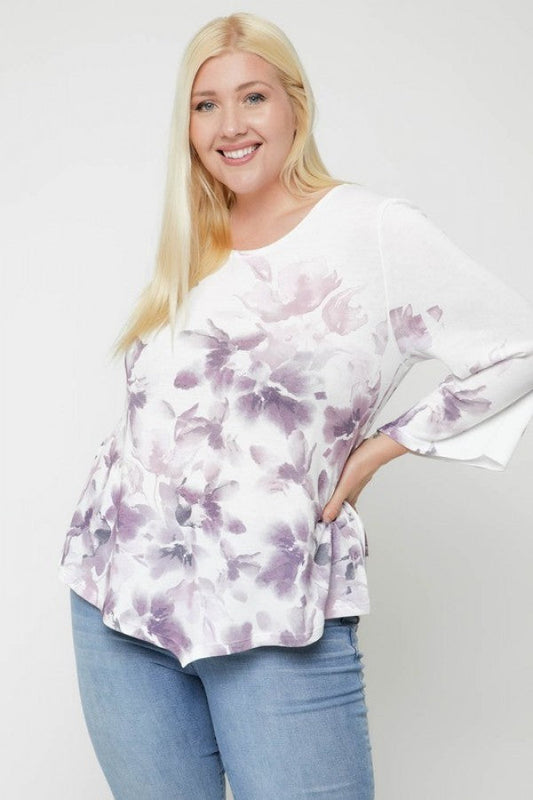 Print Top Featuring A Round Neckline And 3/4 Bell Sleeves Smile Sparker