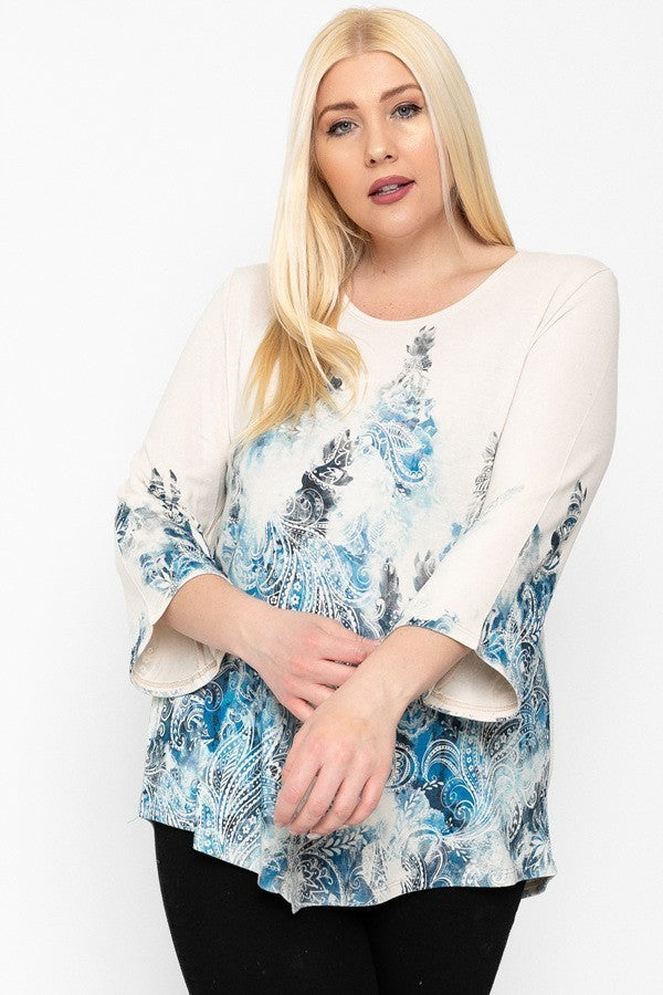 Print Top Featuring A Round Neckline And 3/4 Bell Sleeves Smile Sparker