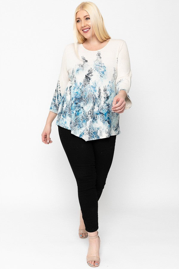 Print Top Featuring A Round Neckline And 3/4 Bell Sleeves Smile Sparker