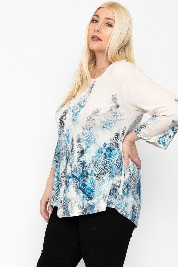 Print Top Featuring A Round Neckline And 3/4 Bell Sleeves Smile Sparker