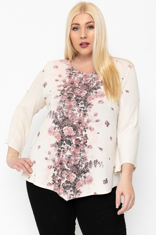 Print Top Featuring A Round Neckline And 3/4 Bell Sleeves Smile Sparker