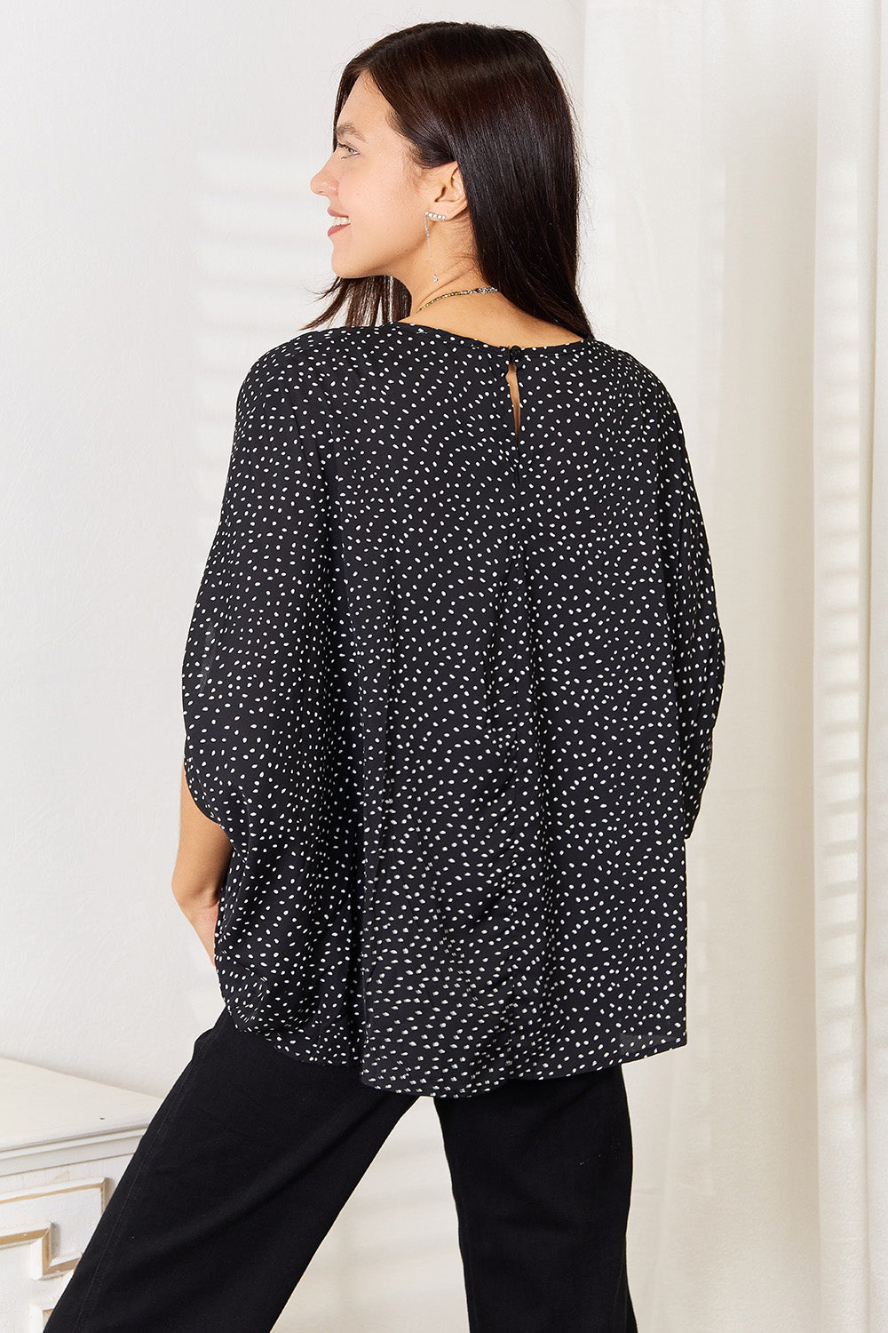 Printed Dolman Sleeve Round Neck Blouse - TOPS - Black