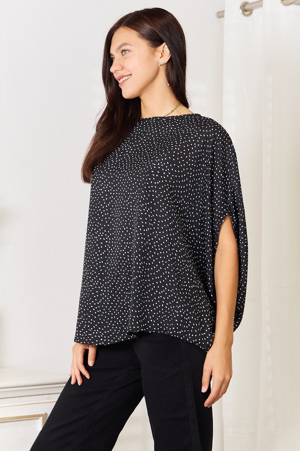 Printed Dolman Sleeve Round Neck Blouse - TOPS - Black